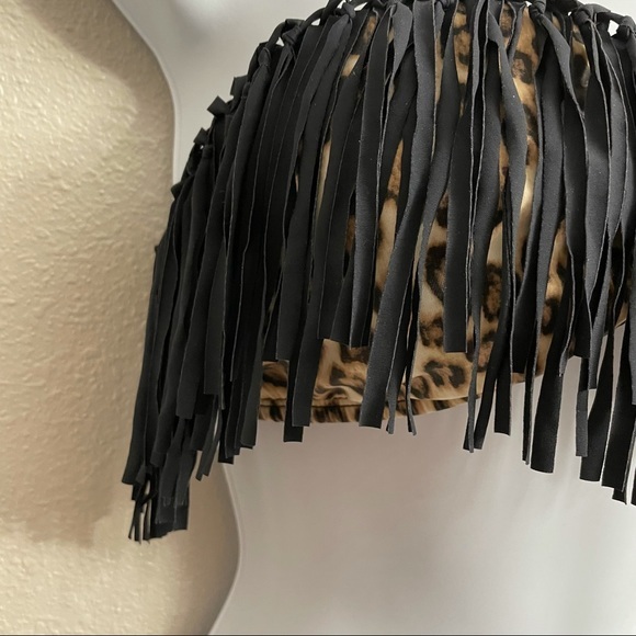 Guess Leopard Bandeau Bikini Top Only with Black Fringe Size Large - Picture 4 of 9